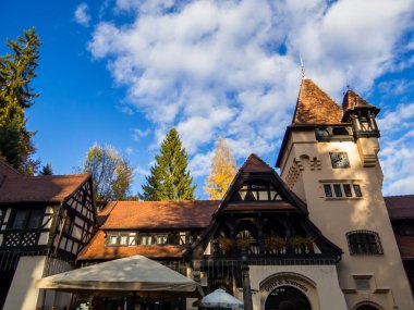 Sinaia, Romania - October 30, 2024: Souvenir shop at the entrance of the Peles Castle.