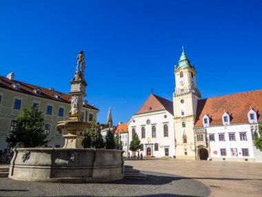 Bratislava, Slovakya - 2 Temmuz 2025: Arka planda eski belediye binası olan Maximilian Çeşmesi manzarası.
