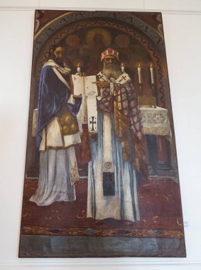 Bratislava, Slovakya - 3 Temmuz 2025: Jeremias Bassi 'nin Bratislava Kalesi Müzesi' nde yaptığı tuvaldeki Aziz Cyril ve Methodius (1910) yağlı boya tablosunun görüntüsü.