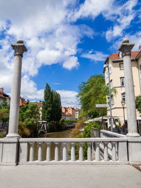Ljubljanica Nehri 'ni geçen Cobblers Köprüsü manzaralı. Ljubljana, Slovenya 'da