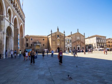 Padua, İtalya - 9 Temmuz 2025: Saint Anthony Bazilikası önündeki Piazza del Santo halkı.