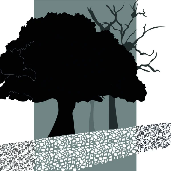 Árbol de ilustración y camino en blanco y negro — Vector de stock