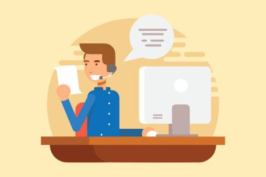 Müşterilerle ilgilenen profesyonel bir müşteri hizmetleri temsilcisinin resmi. Verimli ve net iletişim için kulaklık, bilgisayar ve kağıt kullanarak iş ve iletişim kavramlarını sembolize eden bir çağrı merkezi ajanını gösterir.