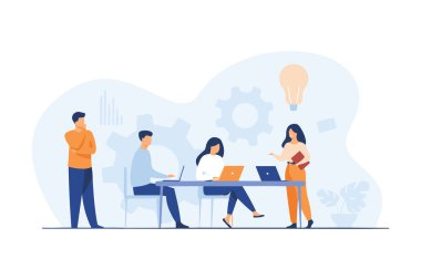 Bir takım toplantısı sırasında bir masada aktif olarak işbirliği yapan iş arkadaşlarını tasvir eden resim. Laptoplar, ampul ve vitesler gibi elementler ofis ortamında üretkenliği ve takım çalışmasını vurgular.