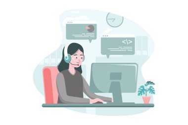 Ofis ortamında kulaklığı olan, teknolojiyi, verimliliği ve iletişimi ön plana çıkaran ve ek olarak iş unsurlarını resmeden, masa başında çalışan bir kadın tasviri.