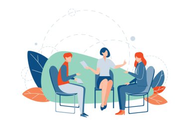 Yaratıcı bir iş ortamında iş birliğini ve takım çalışmasını teşvik eden, yaratıcı bir tartışma yapan üç profesyonelin tasviri, soyut dekoratif unsurlar ve modern bir tasarım sunuyor..