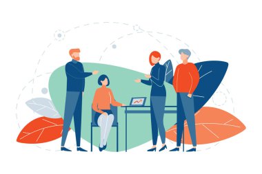 Bir grup profesyonelin sunum masası etrafında iş görüşmesi yaptığı soyut bir çizim..