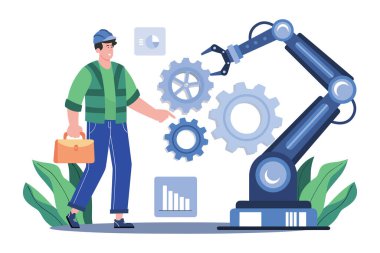 Bir mühendis, yenilikçi bir çalışma alanı içinde otomasyon ve endüstri teknolojisinin sergilendiği gelişmiş bir robotik sistemle işbirliği yapıyor..