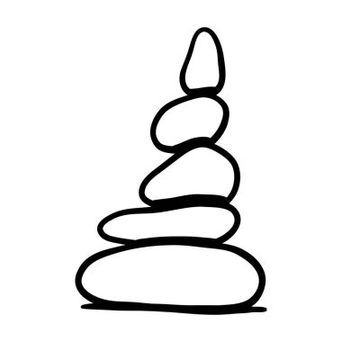 Hand drawn doodle icon of stacked yoga stones. Outline zen rock balance symbol. Minimal spa pebbles clipart in black and white. Vector line illustration isolated on white.