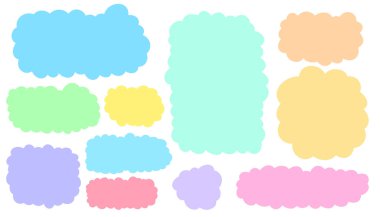 Set of colorful cloud-shaped frames. Hand drawn cartoon style borders for text or notes. Vector illustration of speech bubble clouds. Decorative elements isolated on white.