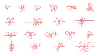 Simple gift ribbon bow set in one line style. Hand-drawn doodle stroke elements. Minimal elegant bow collection for decor, presents or labels. Vector illustration.