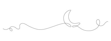 One continuous line drawing of a crescent moon. Minimalist Ramadan Kareem banner in linear style. Night or sleep symbol in doodle contour. Editable stroke vector illustration.