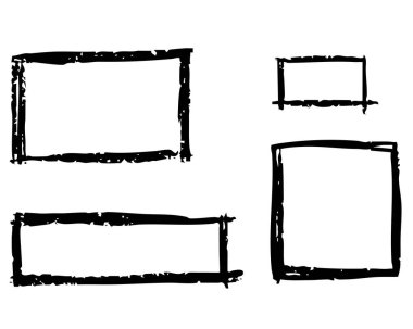 Grunge mürekkebi dikdörtgen ve kare çerçeveler. Sert siyah sınırlar, kauçuk damga etkisi. El çizimi boş kutu koleksiyonu. Tasarım için vektör ögeleri, beyaz üzerinde izole.