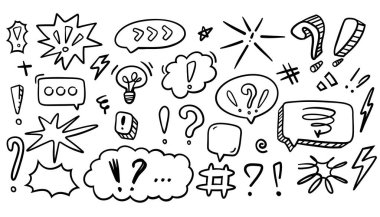 El yapımı karalama konuşma baloncukları. Daireler, bulutlar ve grunge detaylarıyla çizim tarzında sevimli kalem çizgileri. Çizgi romanlar, mesajlar ve sosyal medya için mükemmel. Vektör EPS
