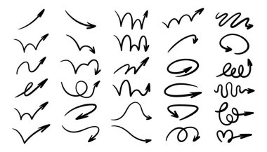 Çeşitli stillerde el yapımı siyah oklar seti. Farklı ok şekilli minimalist çizgi sanat koleksiyonu. Tasarım, navigasyon, bilgi grafikleri ve yaratıcı projeler için mükemmel.