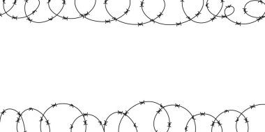 Beyaz arka planda izole edilmiş dikenli tel. Hapishane, savaş alanı ya da yasak bölge için keskin metal sınır. Tehlike veya güvenlik tasarımı için vektör silueti.