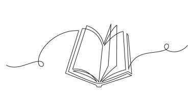 Tek satır aralıksız açık kitap çizimi. Eğitimi, bilgiyi ve edebiyatı simgeleyen minimalist vektör çizimi. Elle çizilmiş stil. Beyaz arkaplanda izole.