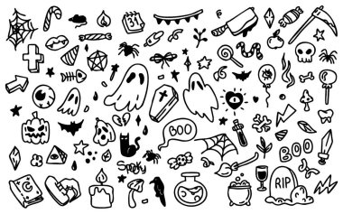 Korku Cadılar Bayramı çıkartması seti. Garip ve sihirli unsurları olan el yapımı karalama koleksiyonu: balkabakları, hayaletler, kafatasları, kara kediler, kazanlar, cadı şapkaları. Cadılar Bayramı dekorasyonu ve parti tasarımı için mükemmel..