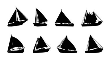 Balıkçı teknesi çizim seti. Şirin düz stil renkli küçük gemi simgeleri. Oyuncak benzeri tekne koleksiyonu. Beyaz üzerine izole vektör çizimi. Çocuklar için denizcilik tasarımı.