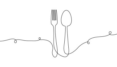 Çatal ve kaşık sürekli bir çizgi halinde çiziliyor. Minimalist vektör çizimi. Masa düzenleme, yemek pişirme, mutfak aletleri konsepti. Beyaz arka planda izole edilmiş. Zarif el yapımı sanat eseri..