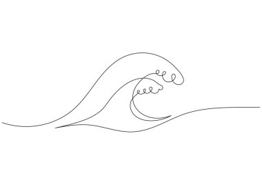 Sürekli bir çizgi halinde deniz dalgası. Doğrusal tarzda okyanus dalgalarının minimalist vektör illüstrasyonu. Deniz teması, doğa simgeleri veya dekoratif elementler için basit kontür tasarımı.