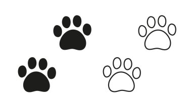 Pet paw prints vector set. Black silhouette of dog or cat footprints. Cute animal track icons for design, logo, print, or decoration. Isolated on white background.