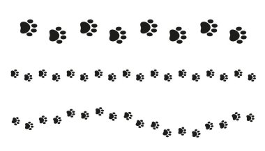 Paw print trail border separator silhouette. Vector clipart of animal tracks in a row. Perfect for pet-themed designs, invitations, greeting cards, or website dividers.