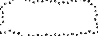 Rectangular paw print frame with blank center for text or image. Black dog or cat paw silhouette border. Perfect for pet shop ads, websites, flyers, or decoration. Vector illustration.