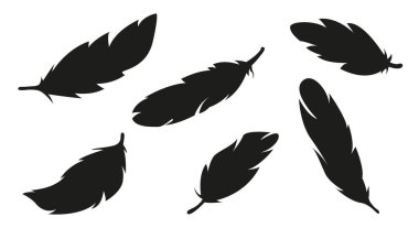 Feather icon set in black silhouette style. Collection of bird feathers, plume symbols. Minimalist plumelet shapes for nature, lightness, freedom, and boho design. Vector illustration.