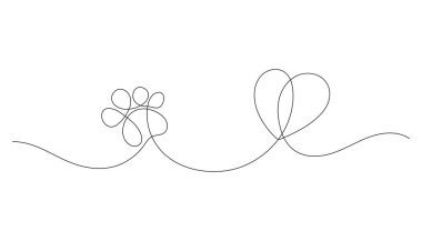 One continuous line drawing of a dog or cat paw print with heart. Minimalist symbol of pet love. Line art animal footprint. Concept of caring and loving animals. Editable stroke.