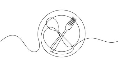 Knife and fork crossed on a plate. Continuous one line drawing. Minimalist food and restaurant concept. Simple black outline isolated on white. Vector illustration.