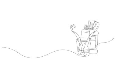 Continuous one line drawing of toothbrush and toothpaste. Minimal single line art dental care concept. Simple linear vector illustration of toothbrush and toothpaste. 