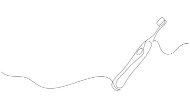 Minimalist one line drawing of an electric toothbrush. Single continuous line art for dental care, personal hygiene, bathroom icon. Editable outline vector illustration.