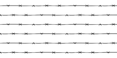 Black thin ink barbed wire  background. Monochrome striped seamless horizontal pattern. Simple flat vector with hand-drawn texture and linear design.