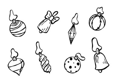 Collection of handmade Christmas ball icons. Sketch vector set of doodle holiday baubles. Ink-drawn Christmas toys isolated on transparent background. Engraving style.