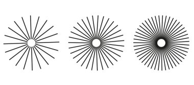 Radial circle lines vector. Circular radiating rays as abstract geometric element. Sun or starburst symbol with concentric design. Isolated on white background for decoration.