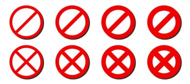 Prohibited circle sign. Red prohibition icon with cross line. Ban and forbidden stop symbol in caution frame. Vector illustration of warning sign isolated on white background.