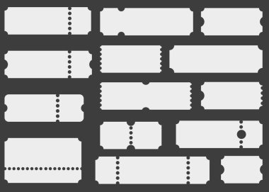 Admit one tickets mockups. Flat empty templates and minimalist blanks. Ticket patterns for cinema, theater, circus, casino, festival, club, boarding, lottery, or sale coupon design.