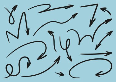 Set of simple hand drawn black arrows in various styles. Doodle arrow collection with curved, straight, zigzag and sketchy lines. Minimal vector design elements for direction and navigation.
