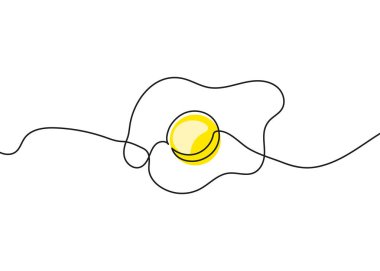 Fried egg vector in one continuous line drawing. Minimalist hand drawn food icon with simple outline. Perfect for menu, cafe logo, kitchen print, banner, card, snack or breakfast meal design.