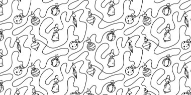 Christmas lights string seamless pattern. Doodle black outline bulbs in line art style. Festive monochrome garland for winter holidays, New Year, or birthday party decoration design.