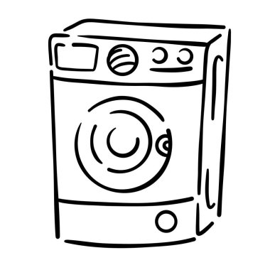 Hand-drawn washing machine vector icon in doodle style. Simple outline symbol representing laundry, cleaning, and household chores. Perfect for home appliance illustrations, infographics,