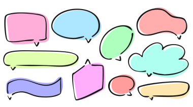 Speech bubble comic doodle chatting box set. Hand drawn contour dialog clouds and message boxes. Cartoon speech and thought balloons for comic design, chat, talk, and text highlight. Vector illustration.