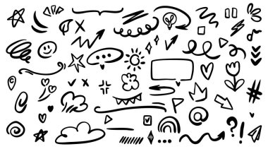 Doodle cute stars and sparkle pen line elements. Hand drawn hearts, glitter, and decoration icons in simple sketch style. Emphasis and pattern elements set. Vector illustration.