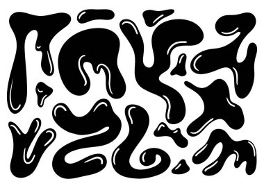 Liquid abstract organic blob shapes set. Wavy elements, bubbles, and drops in trendy Y2K black and white style. Vector illustrations isolated on white background for modern design projects.