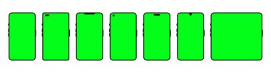 Different types of phones with green screens. Smartphones, tablets, and mobile devices with blank green display for mockups, app previews, UI design, and digital content placeholders.