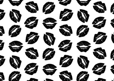 Seamless pattern of black painted lips. Abstract hand-drawn female mouths with grunge brush texture. Monochrome design perfect for wallpaper, textile, and fashion prints