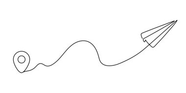 Paper plane travel route illustrated in a continuous line style. Abstract journey path connecting a map pin and destination point, symbolizing travel, navigation, adventure, direction, and startup progress. Vector illustration.