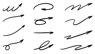 El çizimi ok vektör simgeleri ayarlandı. İş, planlama ve eğitim için oklar çiz. Eğri, dairesel, döndürme, tekrar ve düz ok sembollerini içerir. Siyah karalama ok paketi, vektör illüstrasyonu.