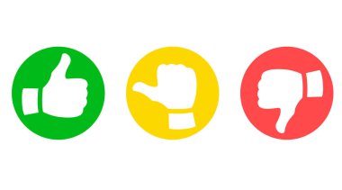 Sevmeme ve tarafsız başparmak simgeleri seti gibi. Yeşil başparmaklar, sarı nötr başparmak, ve kırmızı baş parmaklar aşağı semboller. Pozitif, nötr ve negatif reaksiyonlu geribildirim ve derecelendirme vektör çizimi.